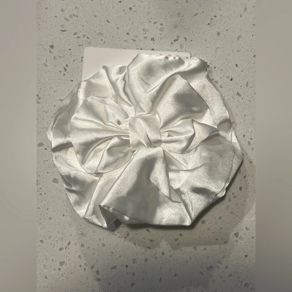 Free People White Satin Oversized Bow Scrunchie Handmade Statement Hair Tie NWT